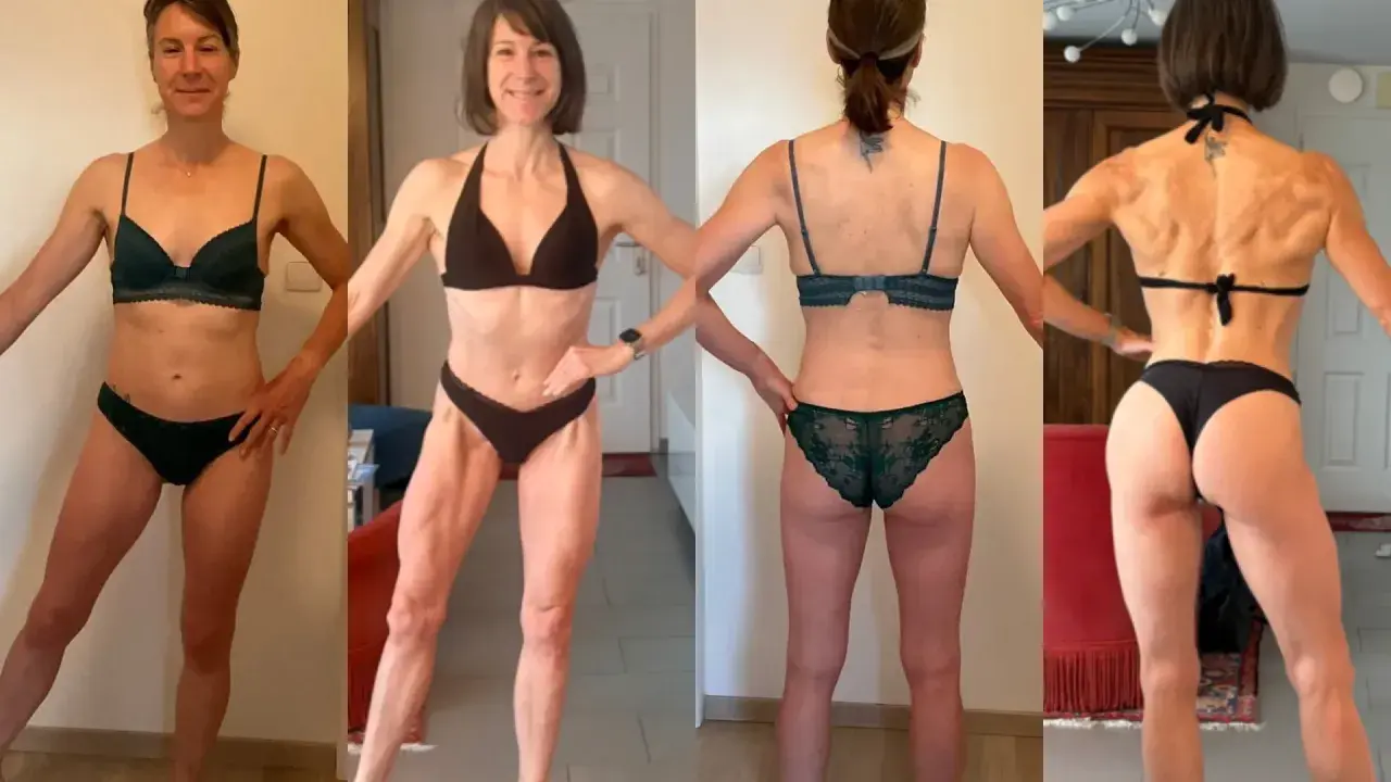 Femme musclée, 50 ans, en lingerie, montrant sa silhouette athlétique sous différents angles.