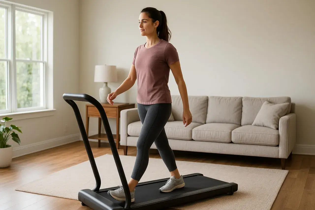Une femme fait une marche active chez soi pour seniors sur un tapis roulant, dans un salon lumineux.