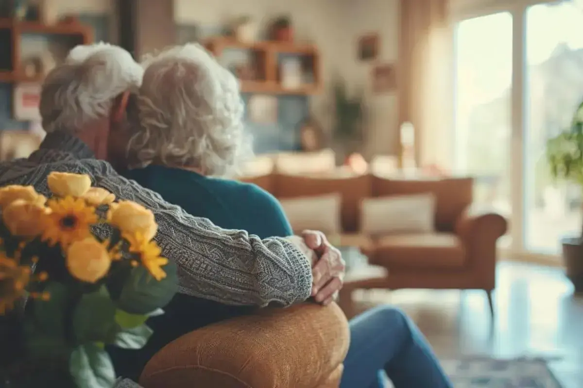 Un couple âgé s'enlacent tendrement, symbolisant la sauvegarde de justice médicale et l'amour durable.
