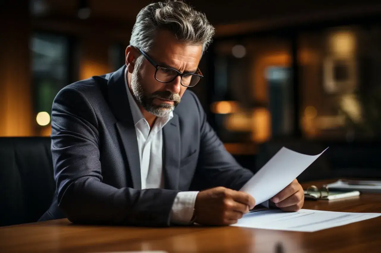 Homme d'affaires concentré sur des documents, peut-être une enquête sur un abus de procuration sur compte bancaire.