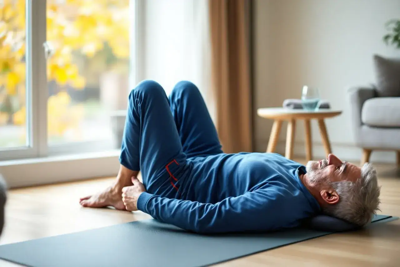 Un homme senior fait du gym dos, allong&eacute; sur un tapis de yoga pr&egrave;s d'une fen&ecirc;tre.