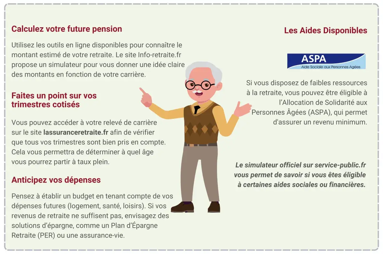Un homme &acirc;g&eacute; avec des lunettes pointe vers des informations sur la retraite. Il est question de l'&acirc;ge senior &agrave; partir duquel on peut toucher une pension.