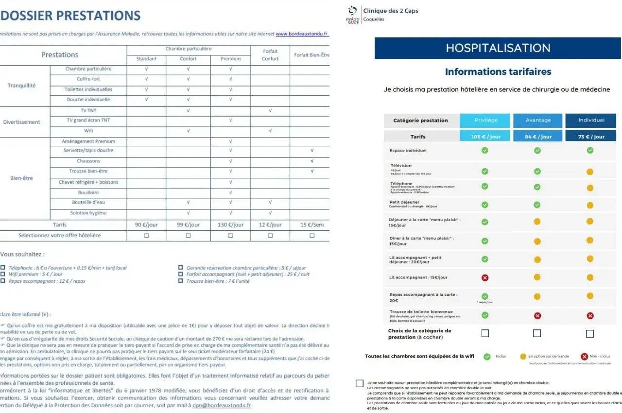 Choix de votre chambre particulière : standard, confort ou premium. Détails des prestations et tarifs pour votre séjour.