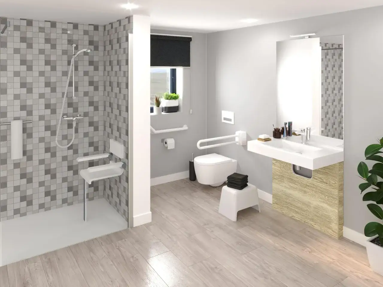 Salle de bain moderne avec douche PMR, si&egrave;ge rabattable, barres d'appui et WC suspendu. Lavabo et miroir compl&egrave;tent cet espace fonctionnel.