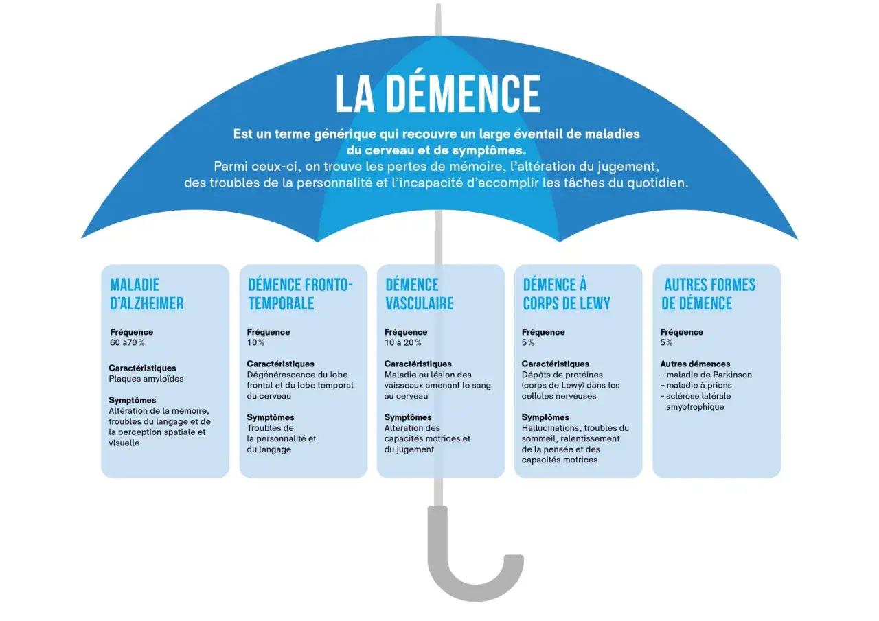 Sch&eacute;ma comparant diff&eacute;rents types de d&eacute;mence, dont la d&eacute;mence vasculaire. L'esp&eacute;rance de vie varie selon la forme.