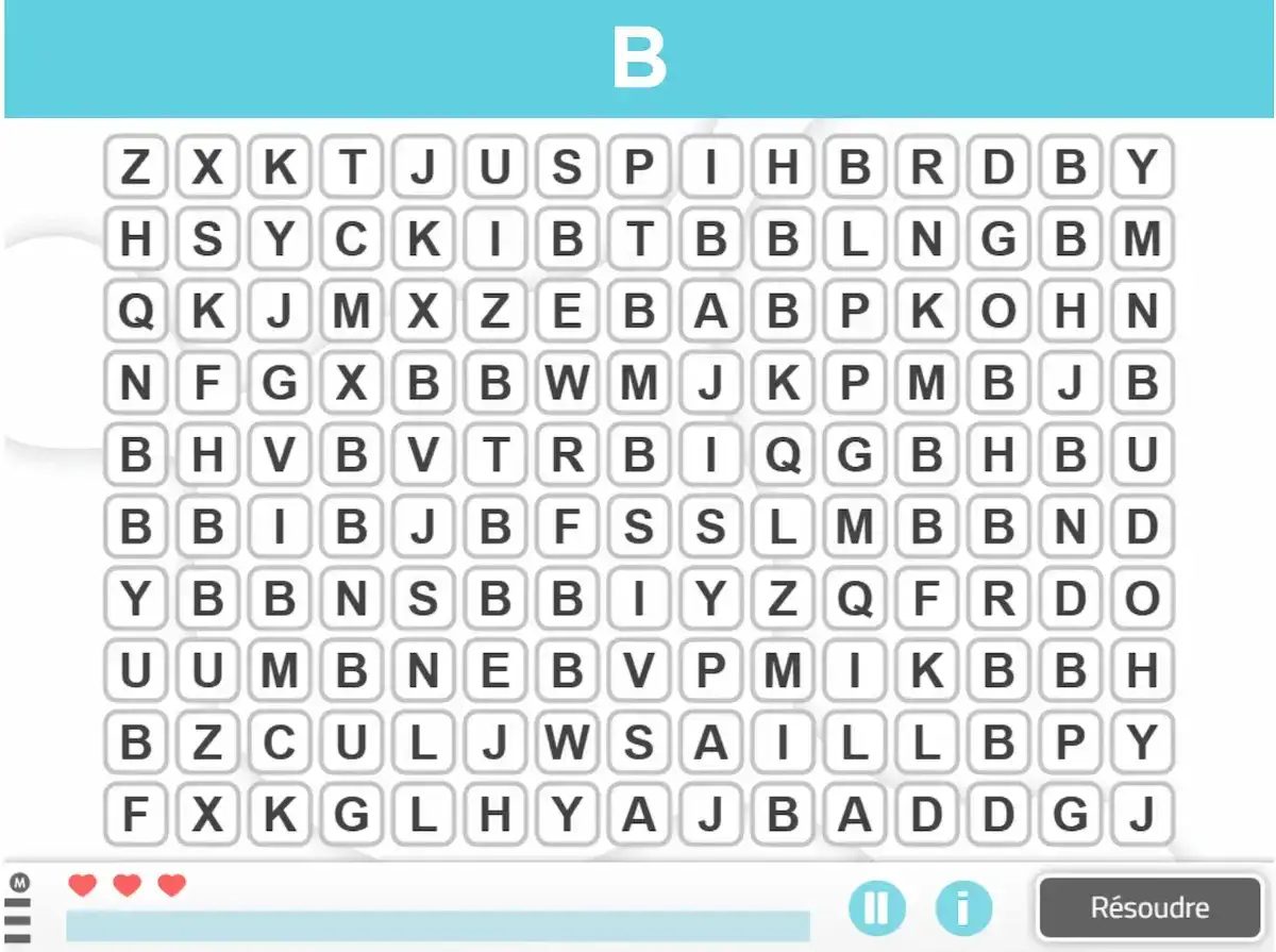 Grille de mots m&ecirc;l&eacute;s avec la lettre B en gros. Id&eacute;al pour des jeux pour personnes Alzheimer &agrave; imprimer, stimulant la m&eacute;moire et la concentration.