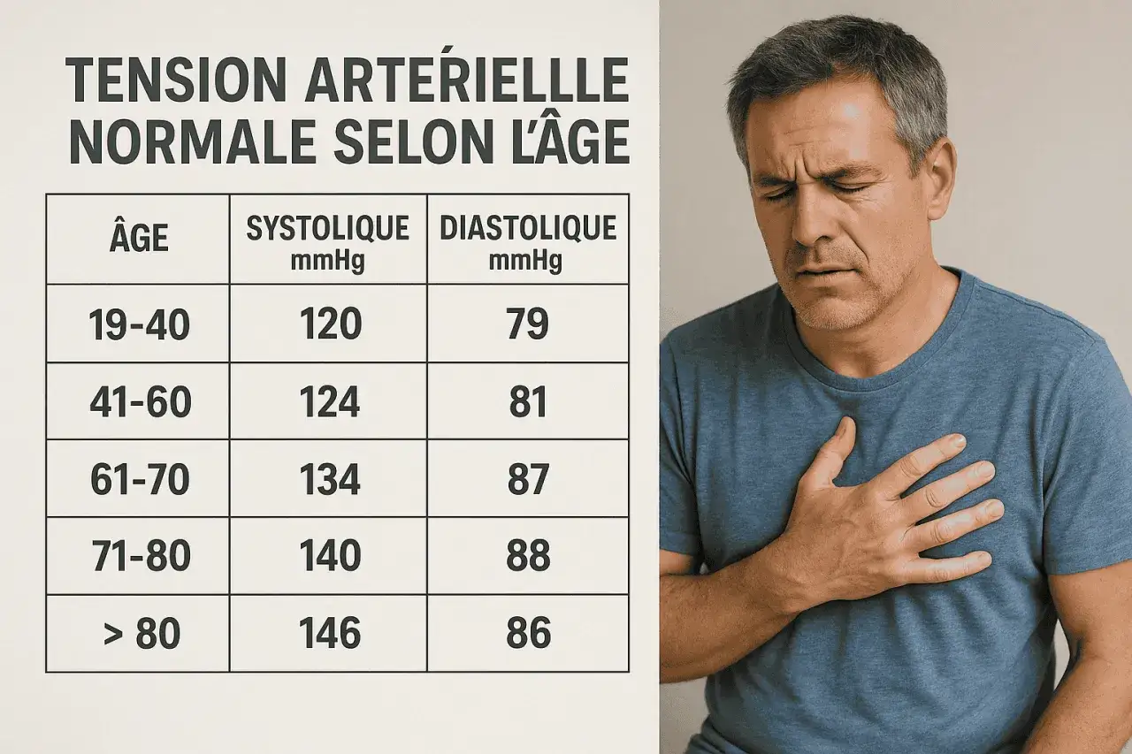 Tableau tension art&eacute;rielle normale par &acirc;ge. Est-ce que 13-8 est une bonne tension ? Pour 19-40 ans, 120/79 mmHg est normal. Homme se tenant la poitrine.