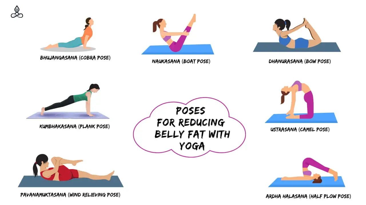 Illustrations de poses de yoga pour un exercice pour perdre du ventre : Cobra, Bateau, Arc, Planche, Chameau, Demi-charrue, Vent.