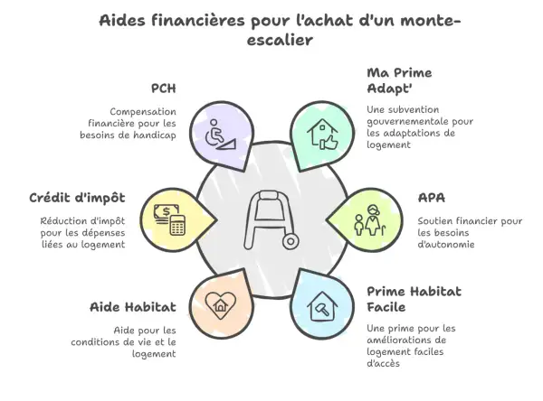 Schéma illustrant différentes aides financières pour l'achat d'un monte-escalier.