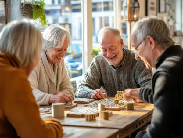 Quatre seniors souriants jouent aux dominos, profitant de la convivialité d'un habitat participatif seniors.