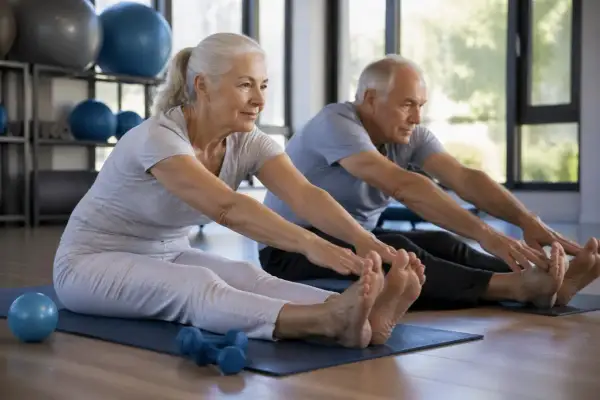 Couple âgé pratiquant la gym douce Pilates, étirant leurs jambes sur des tapis de yoga.