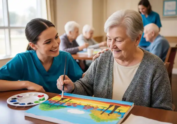 Une aide-soignante encourage une résidente d'un ehpad Alzheimer à peindre un arc-en-ciel, créant un moment de joie et de connexion.