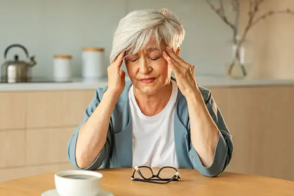 Femme âgée se tenant les tempes, souffrant de fatigue intense, vertige et palpitations. Une tasse de café et des lunettes sont sur la table.