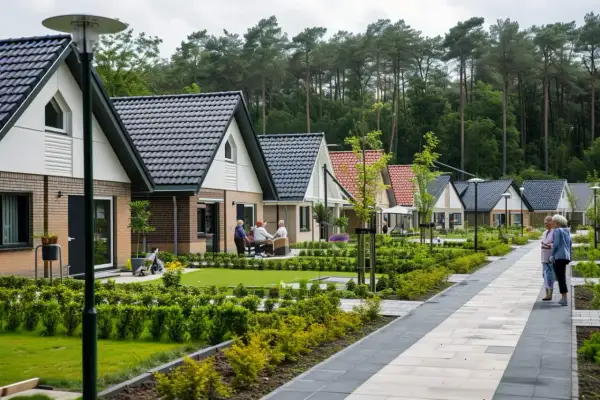 Un village de maisons individuelles pour seniors, avec des résidents profitant de l'extérieur.