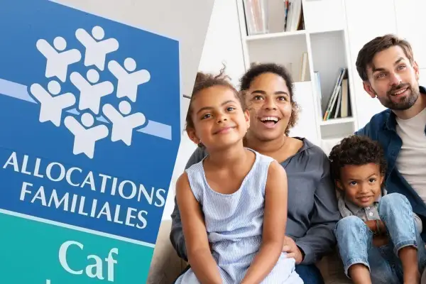 Le logo de la Caf et une famille souriante. La Caf soutient les familles, offrant des ald avantages pour leur bien-être.
