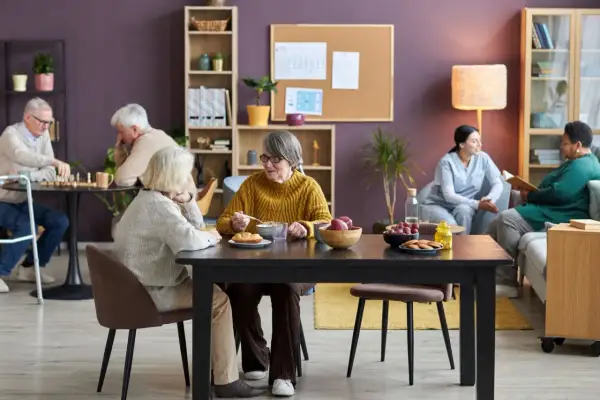 Des résidents profitent d'un repas convivial dans une maison partagée senior. L'un d'eux mange une soupe, tandis que d'autres jouent aux échecs ou discutent.