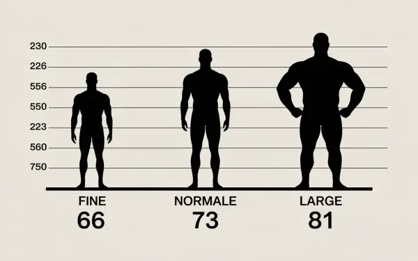Silhouettes d'hommes de différentes morphologies. Pour 1m80, quel poid ? Fine (66kg), Normale (73kg), Large (81kg).