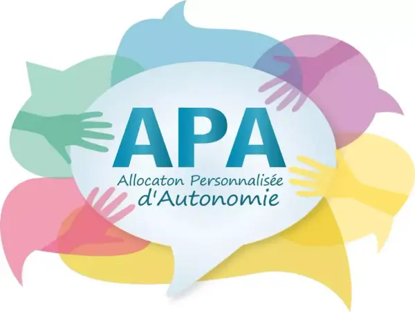 Logo APA : Allocaton Personnalisée d'Autonomie. Un plan d'aide personnalisé pour personne âgée, symbolisé par des mains bienveillantes et des bulles de dialogue colorées.