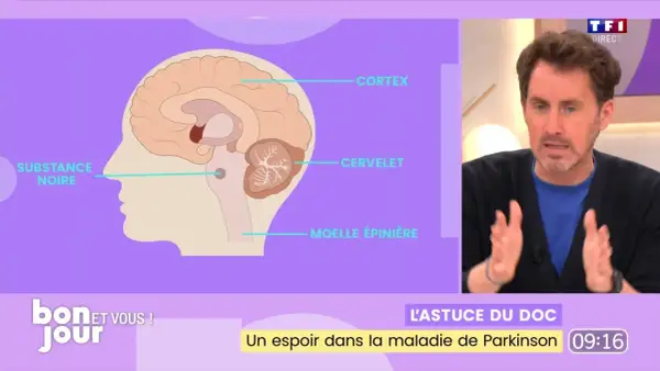 Un homme parle d'un espoir dans la maladie de Parkinson, illustré par un schéma du cerveau montrant la substance noire.
