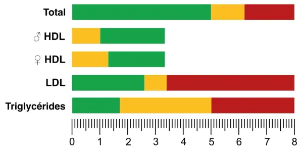 Graphique illustrant un bilan lipidique complet : taux total, HDL (homme/femme), LDL et triglycérides, avec des barres colorées indiquant les niveaux.