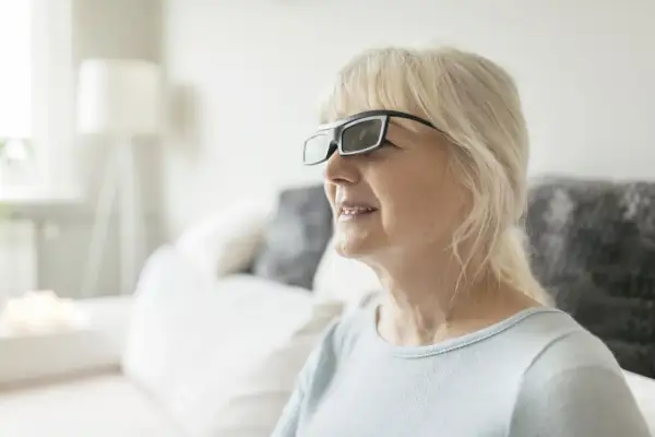 Une femme âgée porte des lunettes spéciales, peut-être dans une maison de retraite spécialisée pour les malvoyants, profitant d'un moment de confort.