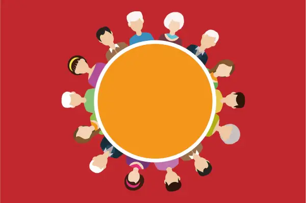 Des personnes diverses se tiennent autour d'un cercle orange, symbolisant une réunion ou un projet, comme pour un CV d'EHPAD.