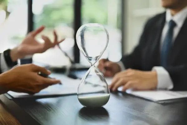 Sablier au premier plan, symbolisant le temps qui passe. Discussion sur combien de temps pour toucher l'argent d'une succession.