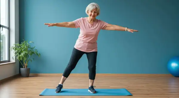 Une femme âgée souriante fait du sport à la maison, sur un tapis bleu, bras écartés pour l'équilibre.