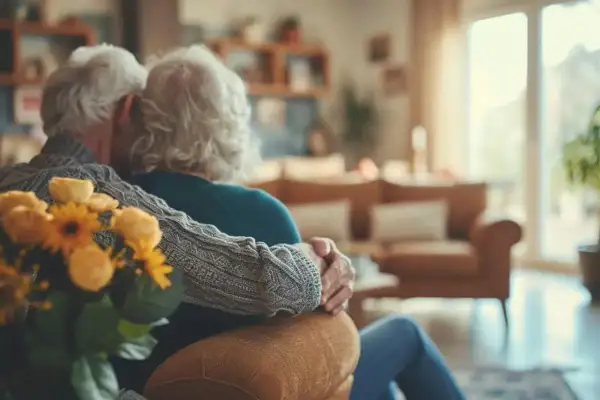 Un couple âgé s'enlacent tendrement, symbolisant la sauvegarde de justice médicale et l'amour durable.