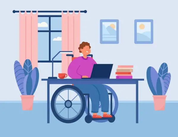 Personne en fauteuil roulant travaillant sur un ordinateur portable, cherchant des mdph aides financières pour son autonomie.