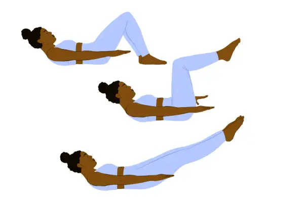 Femme effectuant un exercice bas du ventre, passant de la position assise jambes pliées à la position allongée jambes tendues.