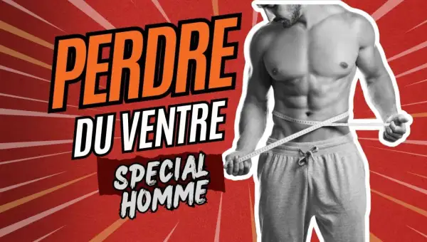 Homme mesurant sa taille, texte "Perdre du ventre spécial homme". Un exercice pour perdre du ventre est présenté.