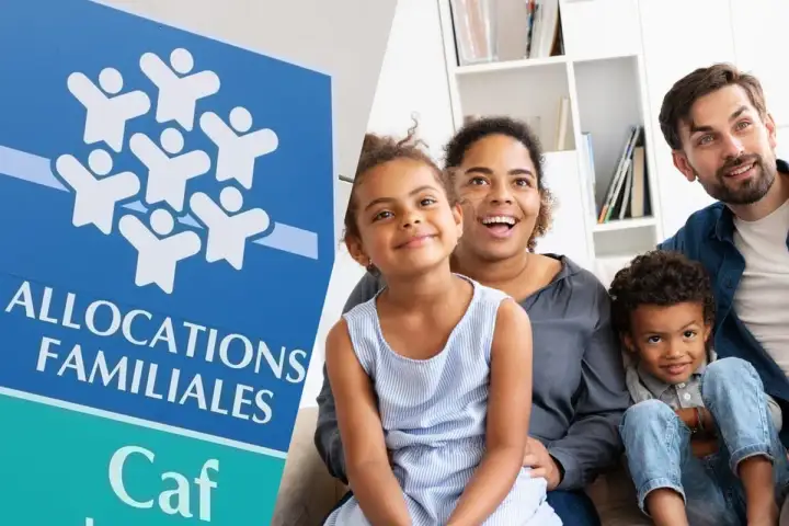 Le logo de la Caf et une famille souriante. La Caf soutient les familles, offrant des ald avantages pour leur bien-être.